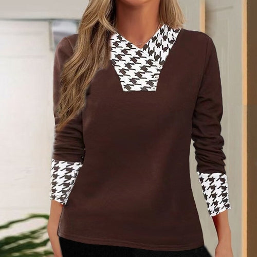 Felpa da donna con stampa pied de poule patchwork moda autunno