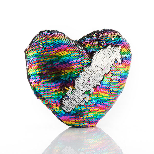 Cuscino con paillettes magiche a forma di cuore arcobaleno