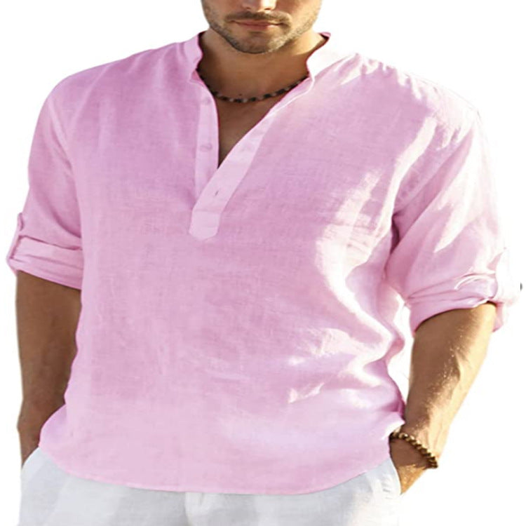 Camicia a maniche lunghe in cotone e lino tinta unita casual da uomo. Colletto allentato