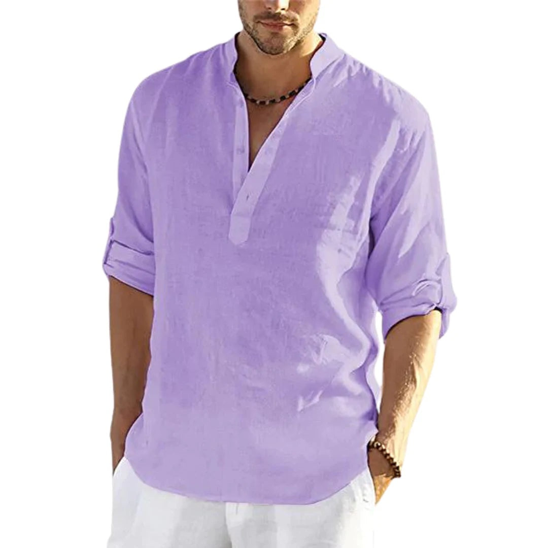 Camicia a maniche lunghe in cotone e lino tinta unita casual da uomo. Colletto allentato