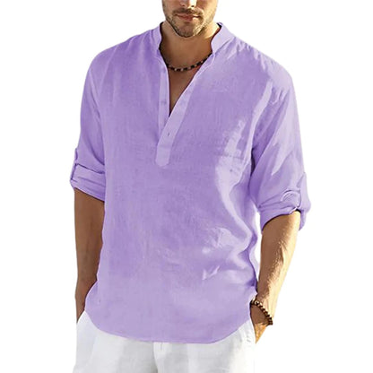Camicia a maniche lunghe in cotone e lino tinta unita casual da uomo. Colletto allentato