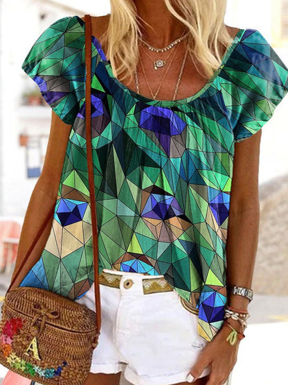 Camicia a girocollo con stampa geometrica colorata 