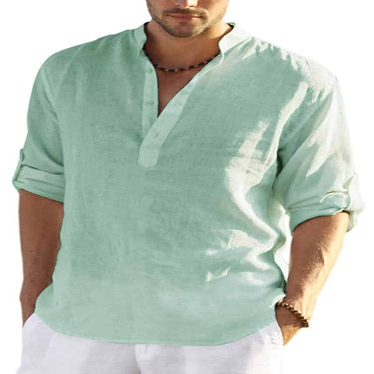 Camicia a maniche lunghe in cotone e lino tinta unita casual da uomo. Colletto allentato