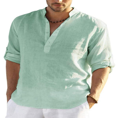 Camicia a maniche lunghe in cotone e lino tinta unita casual da uomo. Colletto allentato