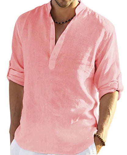 Camicia a maniche lunghe in cotone e lino tinta unita casual da uomo. Colletto allentato