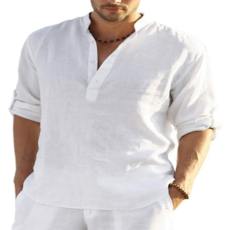 Camicia a maniche lunghe in cotone e lino tinta unita casual da uomo. Colletto allentato