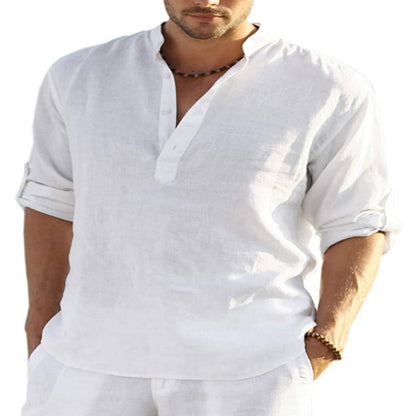 Camicia a maniche lunghe in cotone e lino tinta unita casual da uomo. Colletto allentato