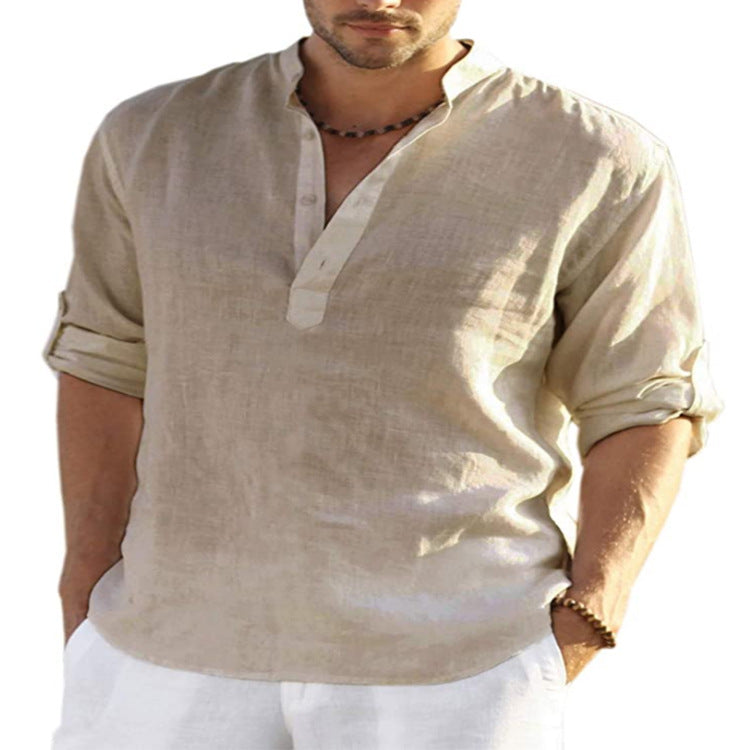 Camicia a maniche lunghe in cotone e lino tinta unita casual da uomo. Colletto allentato