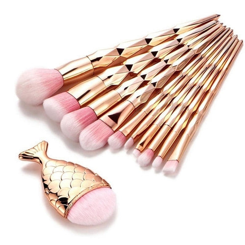 Set di pennelli per trucco in oro rosa con diamanti da 11 pezzi a forma di sirena a coda di pesce 