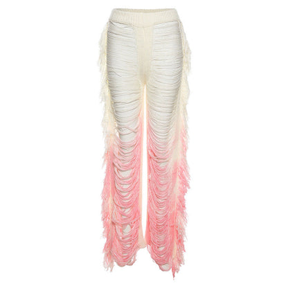 Knitted Straight Pants for Women Hipster Tassel Hollow Out High-Waist