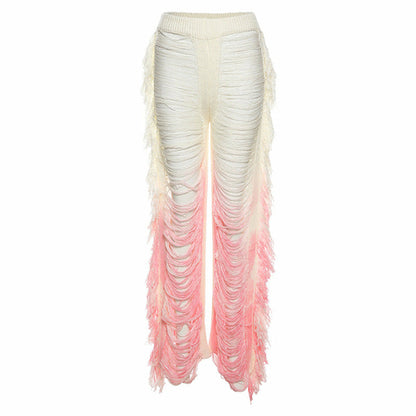 Knitted Straight Pants for Women Hipster Tassel Hollow Out High-Waist