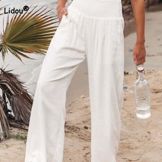 Summer for  Pants Office Lady Cotton Linen Pockets Solid Loose Casual