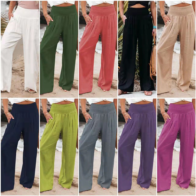 Summer for  Pants Office Lady Cotton Linen Pockets Solid Loose Casual