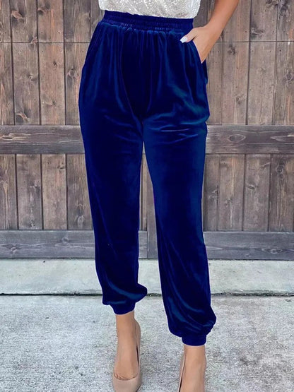 Elastic Waist Solid Color Trousers Female Pocket Leggings Staright
