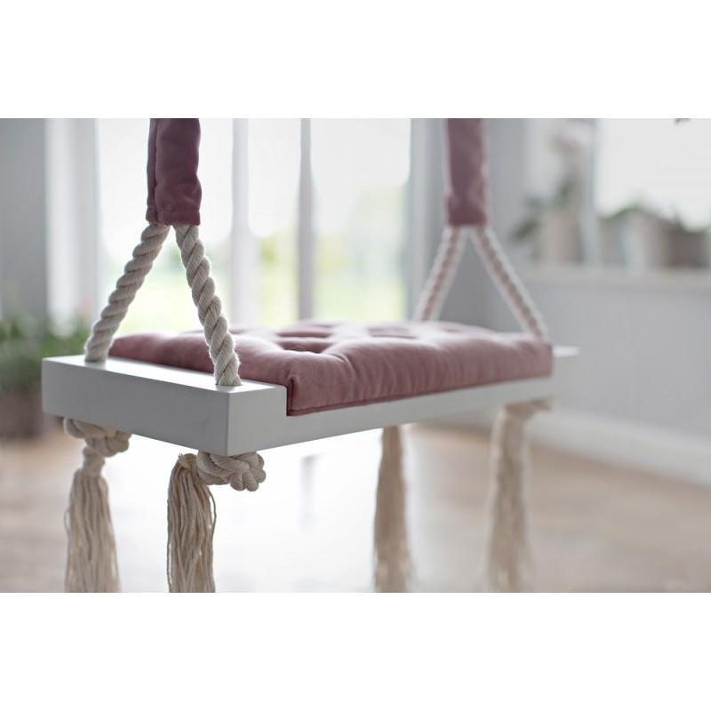 Altalena in legno vintage in velluto rosa sporco