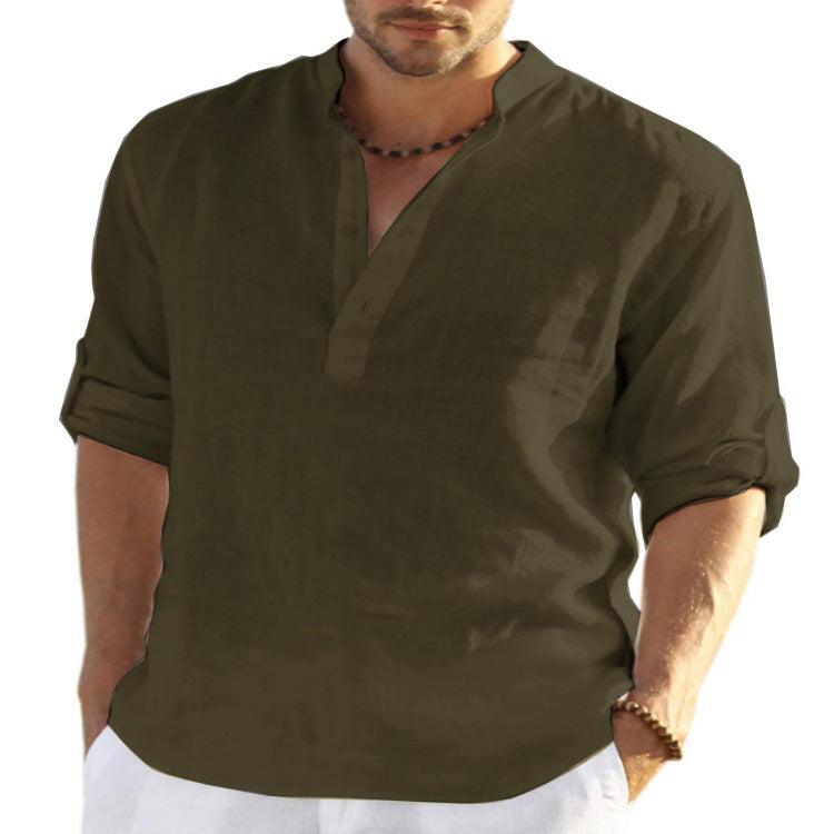 Camicia a maniche lunghe in cotone e lino tinta unita casual da uomo. Colletto allentato