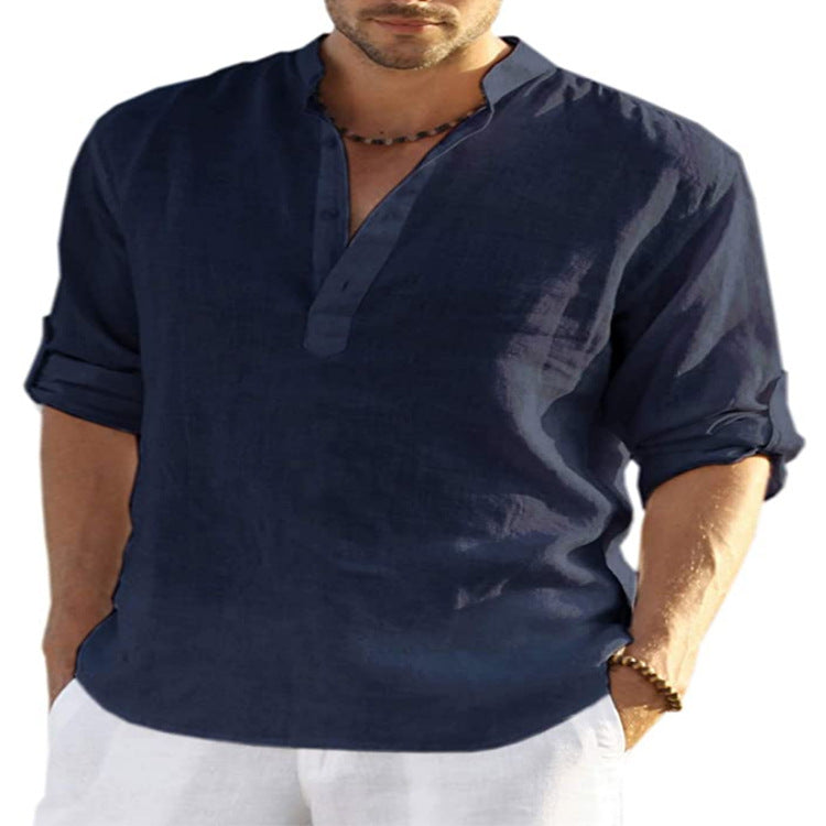Camicia a maniche lunghe in cotone e lino tinta unita casual da uomo. Colletto allentato