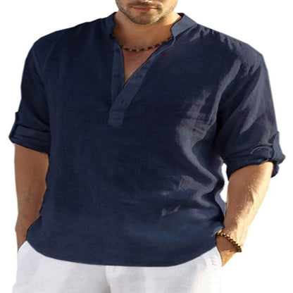 Camicia a maniche lunghe in cotone e lino tinta unita casual da uomo. Colletto allentato