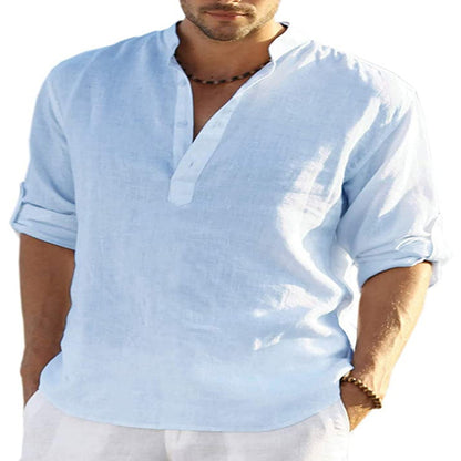 Camicia a maniche lunghe in cotone e lino tinta unita casual da uomo. Colletto allentato
