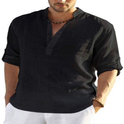 Camicia a maniche lunghe in cotone e lino tinta unita casual da uomo. Colletto allentato