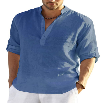 Camicia a maniche lunghe in cotone e lino tinta unita casual da uomo. Colletto allentato