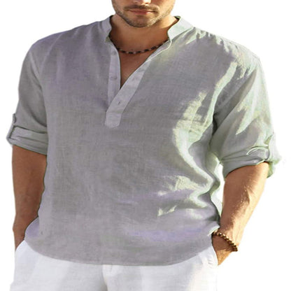 Camicia a maniche lunghe in cotone e lino tinta unita casual da uomo. Colletto allentato