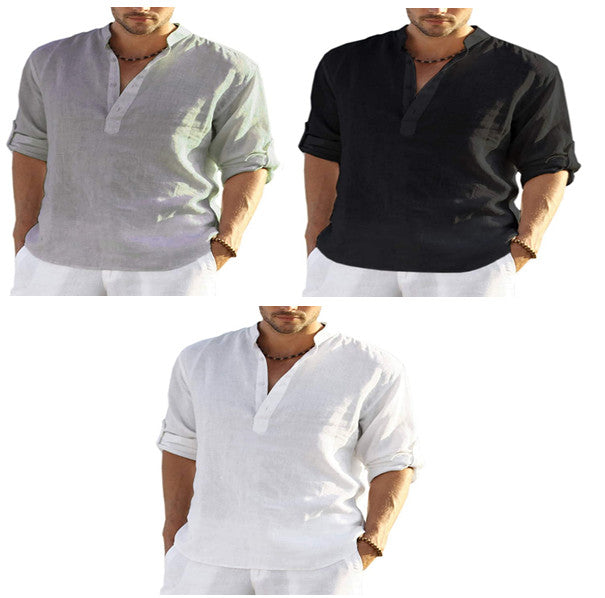 Camicia a maniche lunghe in cotone e lino tinta unita casual da uomo. Colletto allentato