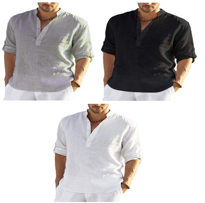Camicia a maniche lunghe in cotone e lino tinta unita casual da uomo. Colletto allentato