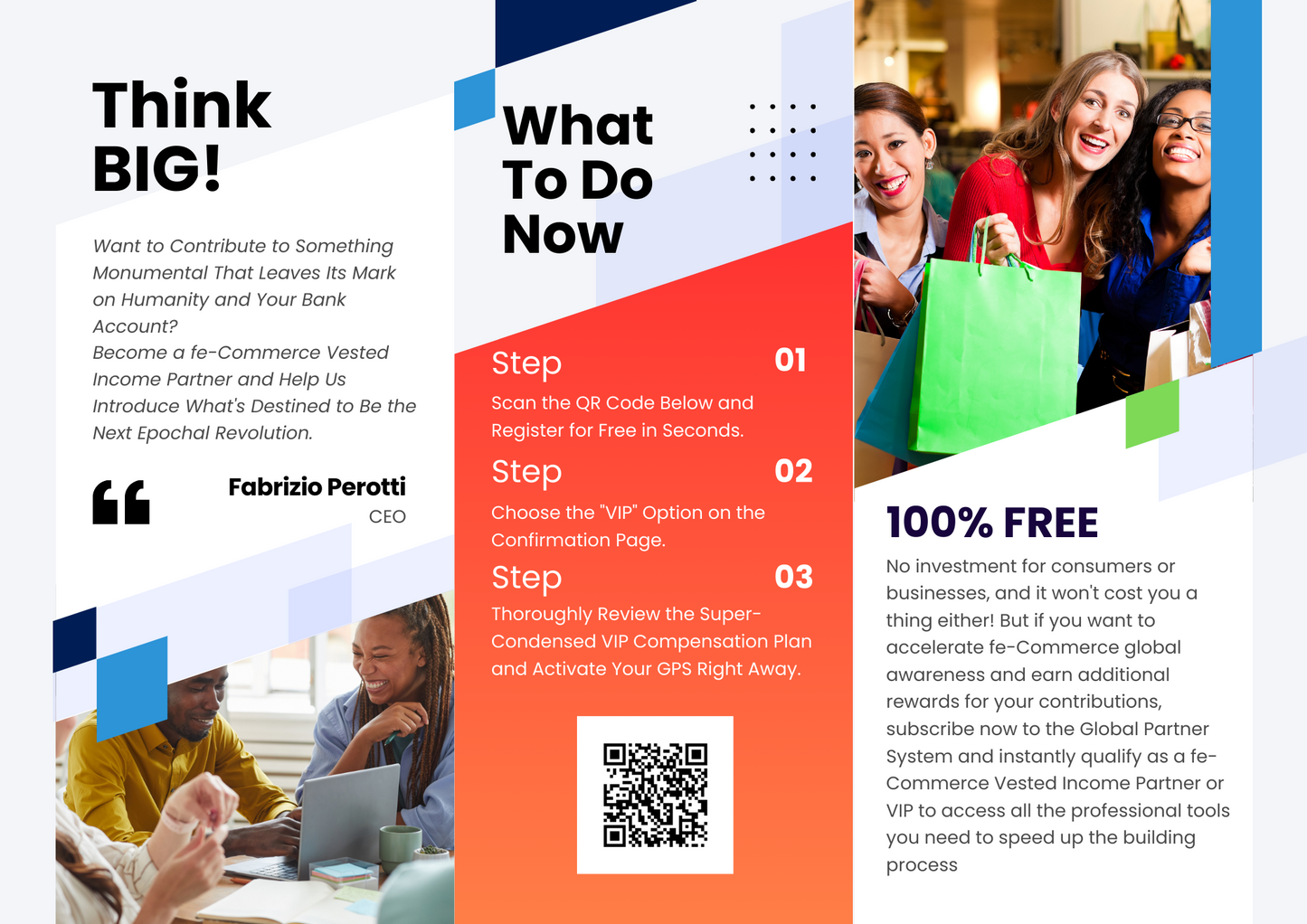 Easily create a local team of VIPs - Roll fold Brochure customizable foldable with your fe-Commerce QR Code.