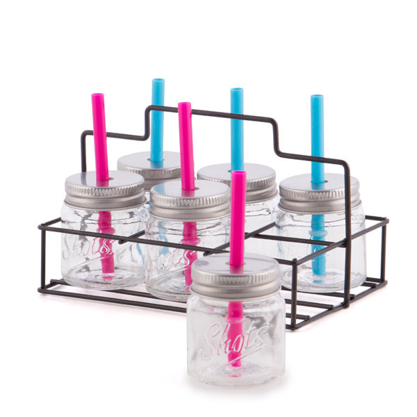Wagon Trend Shot Glasses with Lids, Straws and Metal Basket (pack of 6)