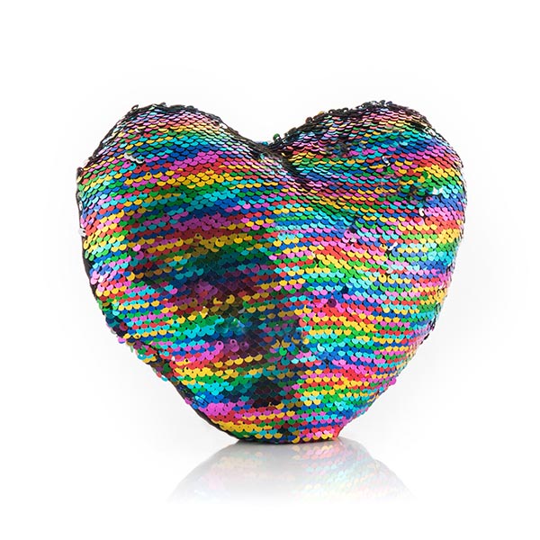 Cuscino con paillettes magiche a forma di cuore arcobaleno